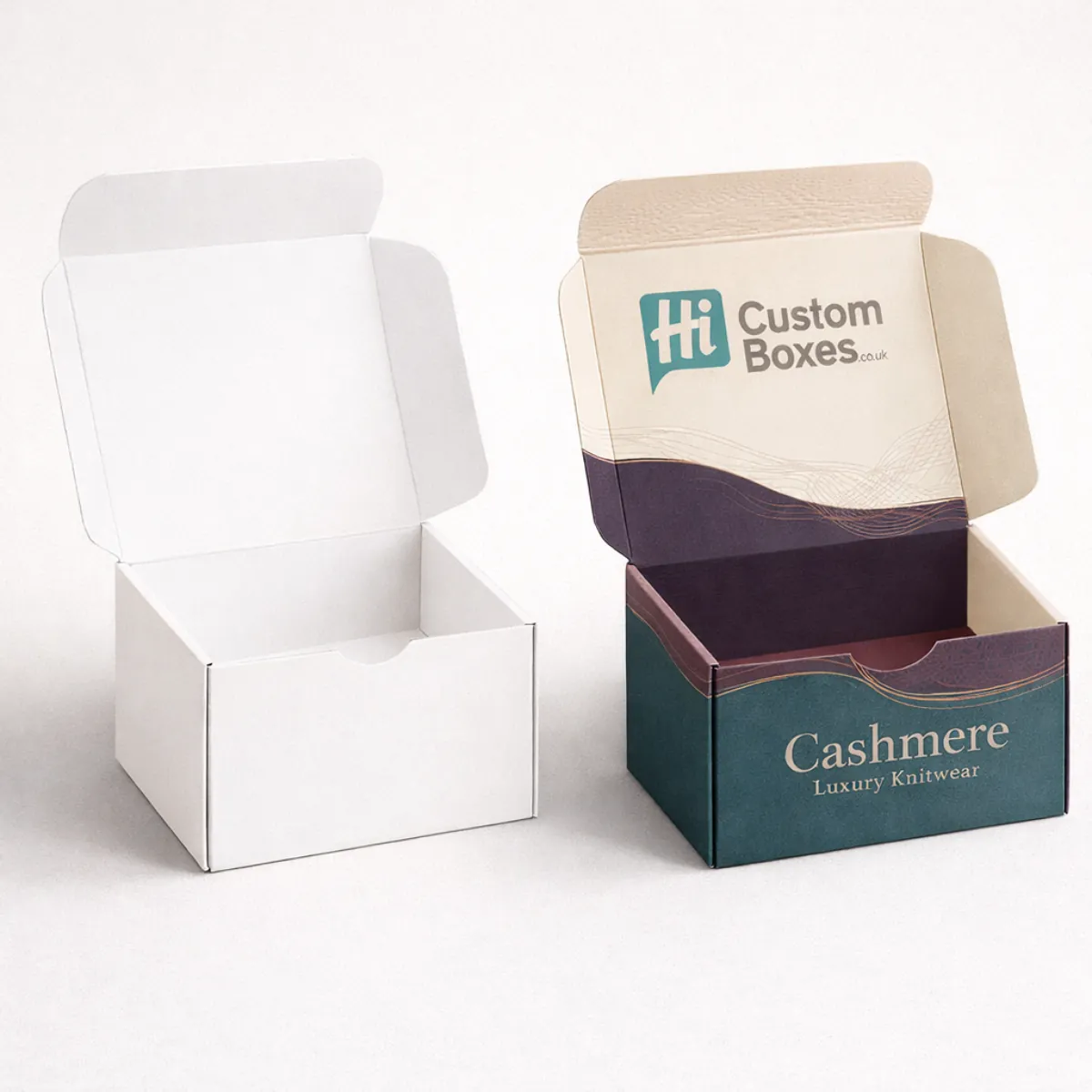 Two open cardboard mailer boxes showcasing internal branding- one in plain white and one with luxury patterns-